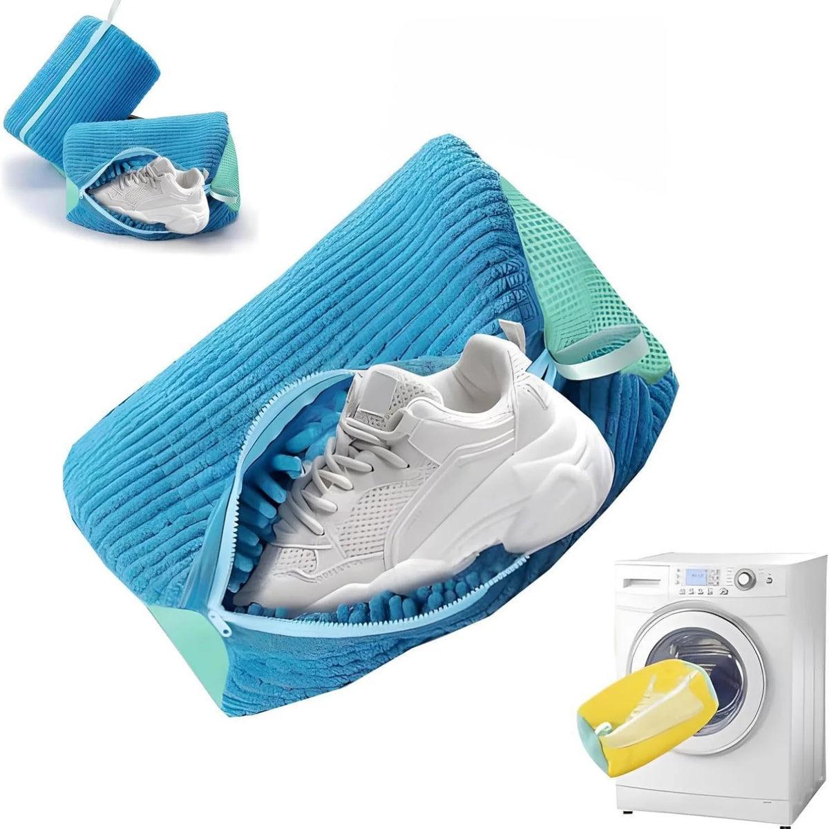 A bright blue reusable shoe washing bag filled with a white sneaker and soft bristles.