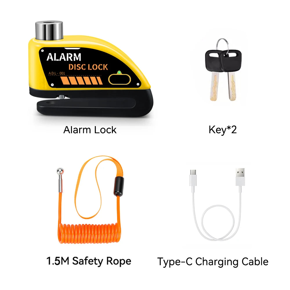 Yellow alarm disc lock device with a black body, a key, a safety rope, and a Type-C charging cable.