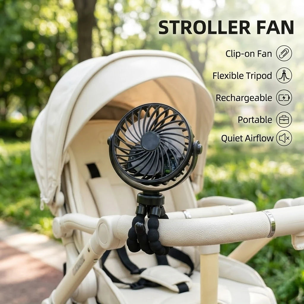 A white stroller fan with a black blade is mounted on a flexible tripod stand in an outdoor setting.
