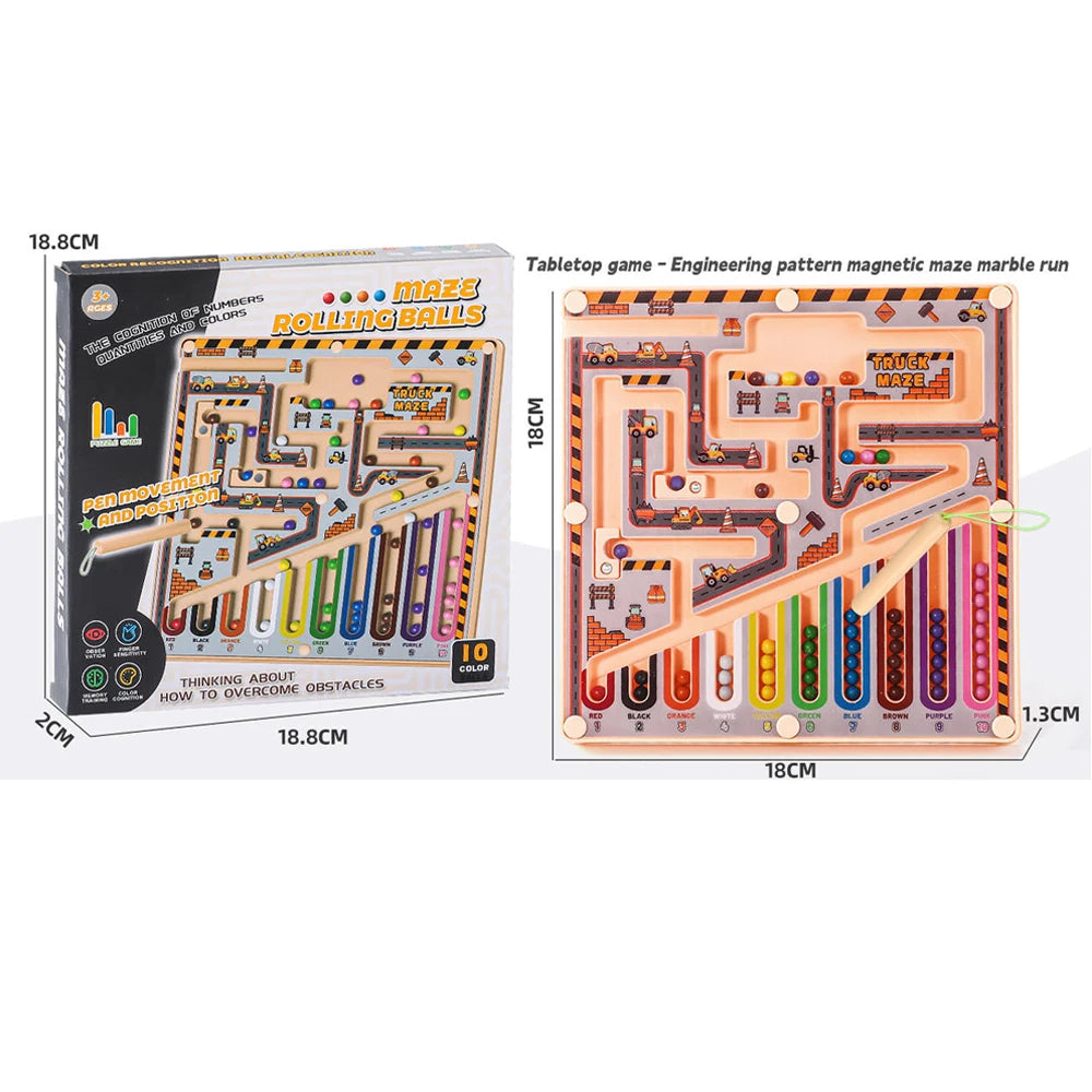A tabletop magnetic maze puzzle board featuring colorful rods and obstacles for learning.