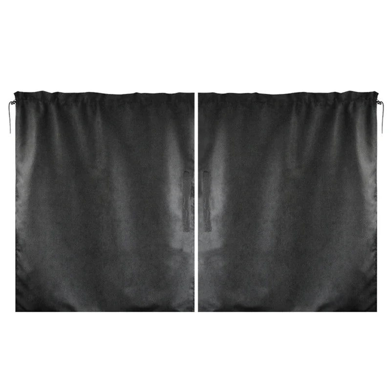 A pair of black privacy curtains designed as a universal car divider or rear window shade.