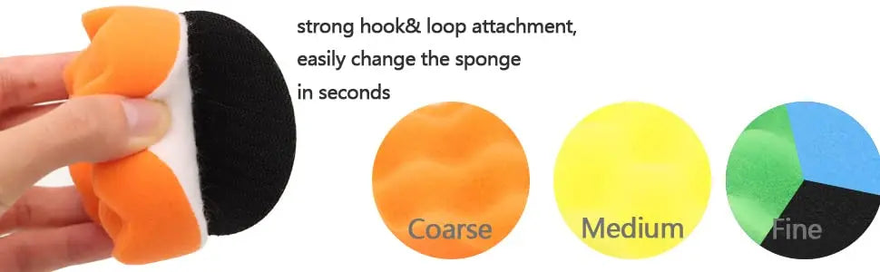 A hand holds an orange sponge attached to a black pad, demonstrating a strong hook and loop attachment for changing sponges i