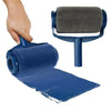 A hand is applying blue self-priming paint onto a surface using a roller and handle.