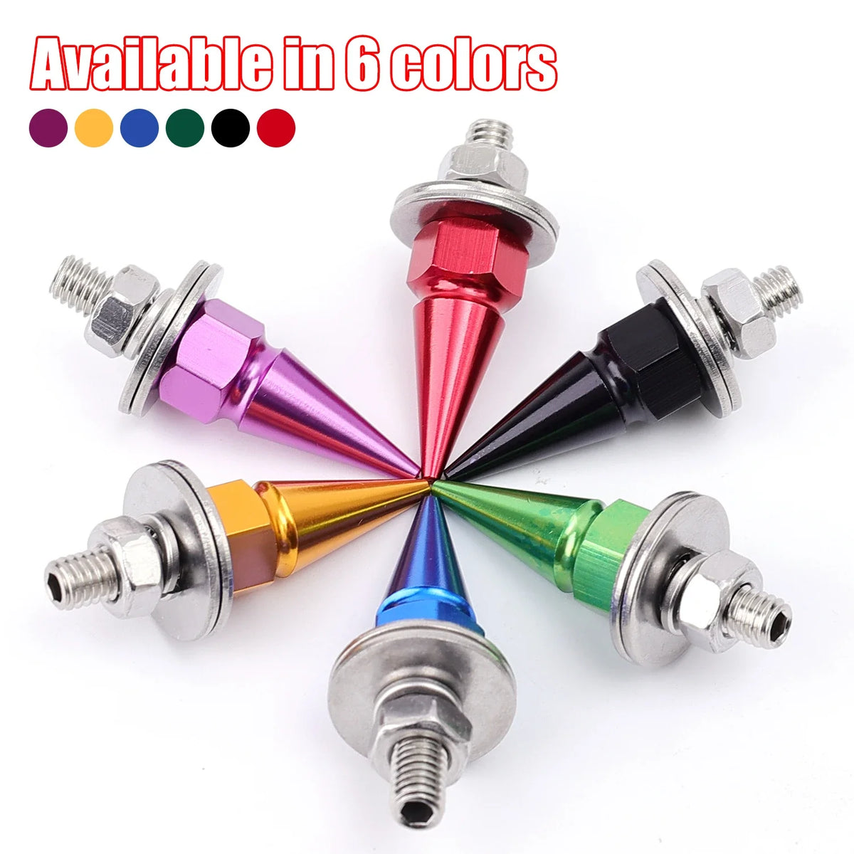 A set of six colored rust-resistant license plate screws shown radiating from the center.