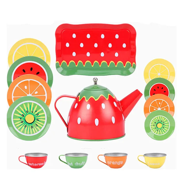 Kids pretend play tea set with a red serving tray and teapot, accompanied by fruit slices.