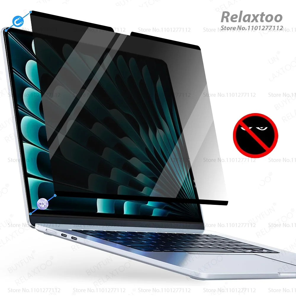 A laptop displaying a magnetic privacy screen protector on the display surface.