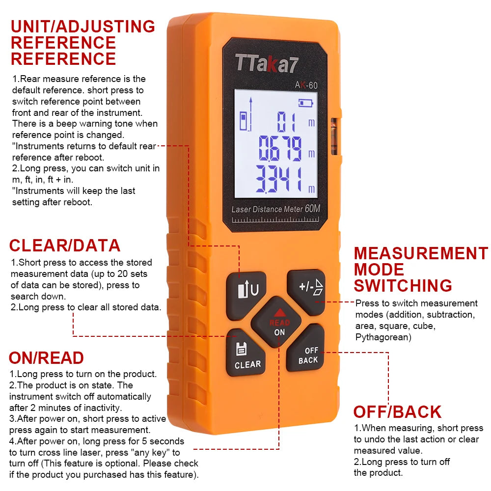 Orange TTa7 laser distance meter device with digital display and various function buttons