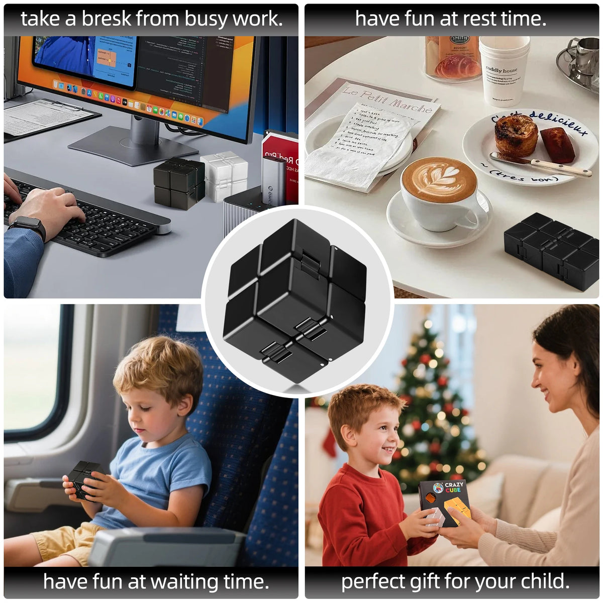 A collection of black infinity cubes used as a fidget toy for stress relief and entertainment.