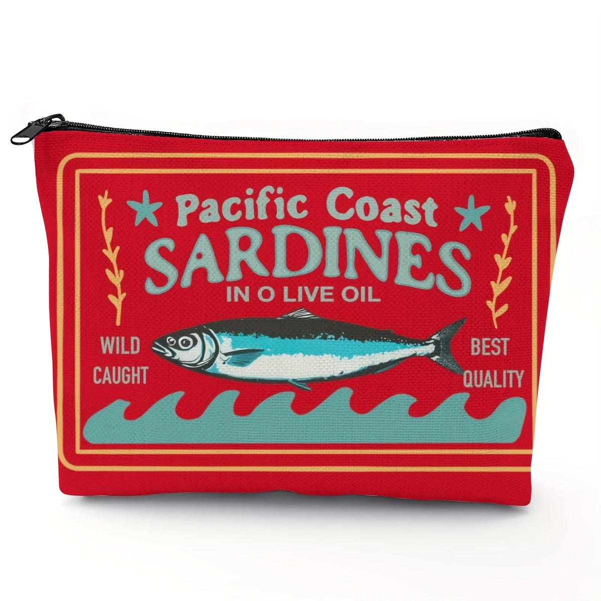 Pochette de maquillage rouge avec un design vintage de sardines à l'huile d'olive.