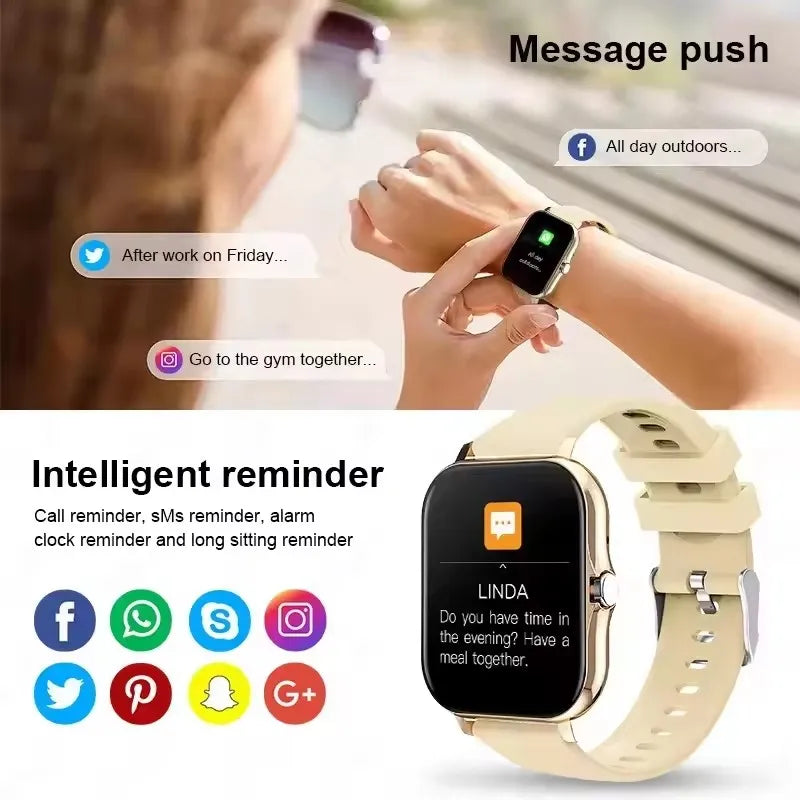 Nahaufnahme einer beigen Smartwatch mit vollfarbigem Touchscreen und Armband, gezeigt am Handgelenk.