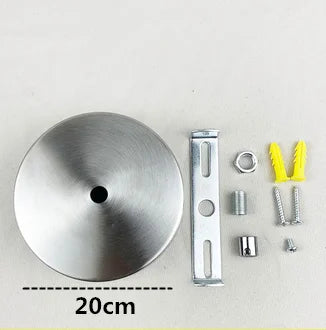 Polished stainless steel ceiling mount canopy for pendant lights with mounting hardware.