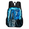 A blue and black backpack featuring a graphic of Ronaldo in a soccer jersey with the number 7