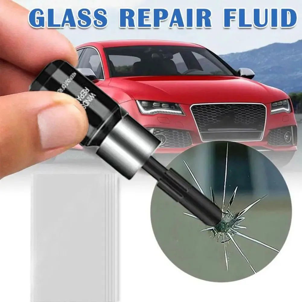 A hand holds a glass repair fluid applicator, demonstrating its use on a car windshield crack.