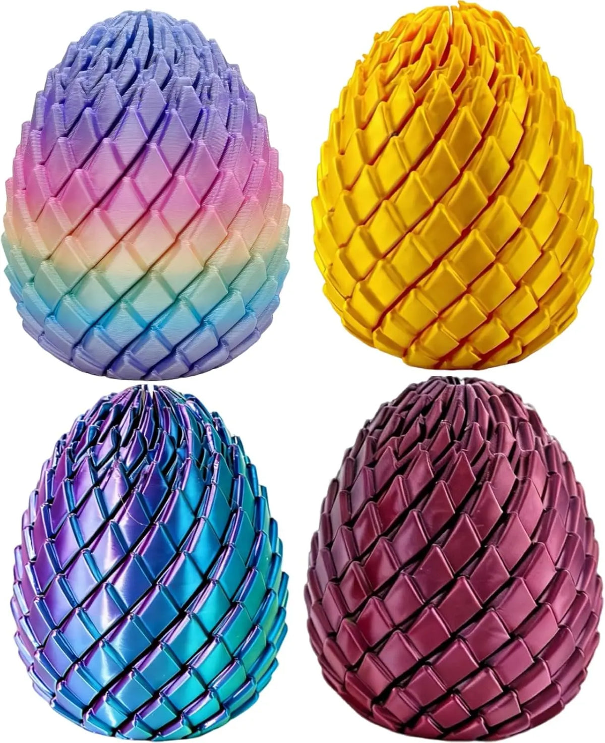 Four colorful twisty fidget eggs in purple, yellow, blue, and pink.