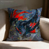 A decorative cushion cover featuring a vibrant illustration of the Monster Hunter Rathalos and Nargacuga in dark blue and red