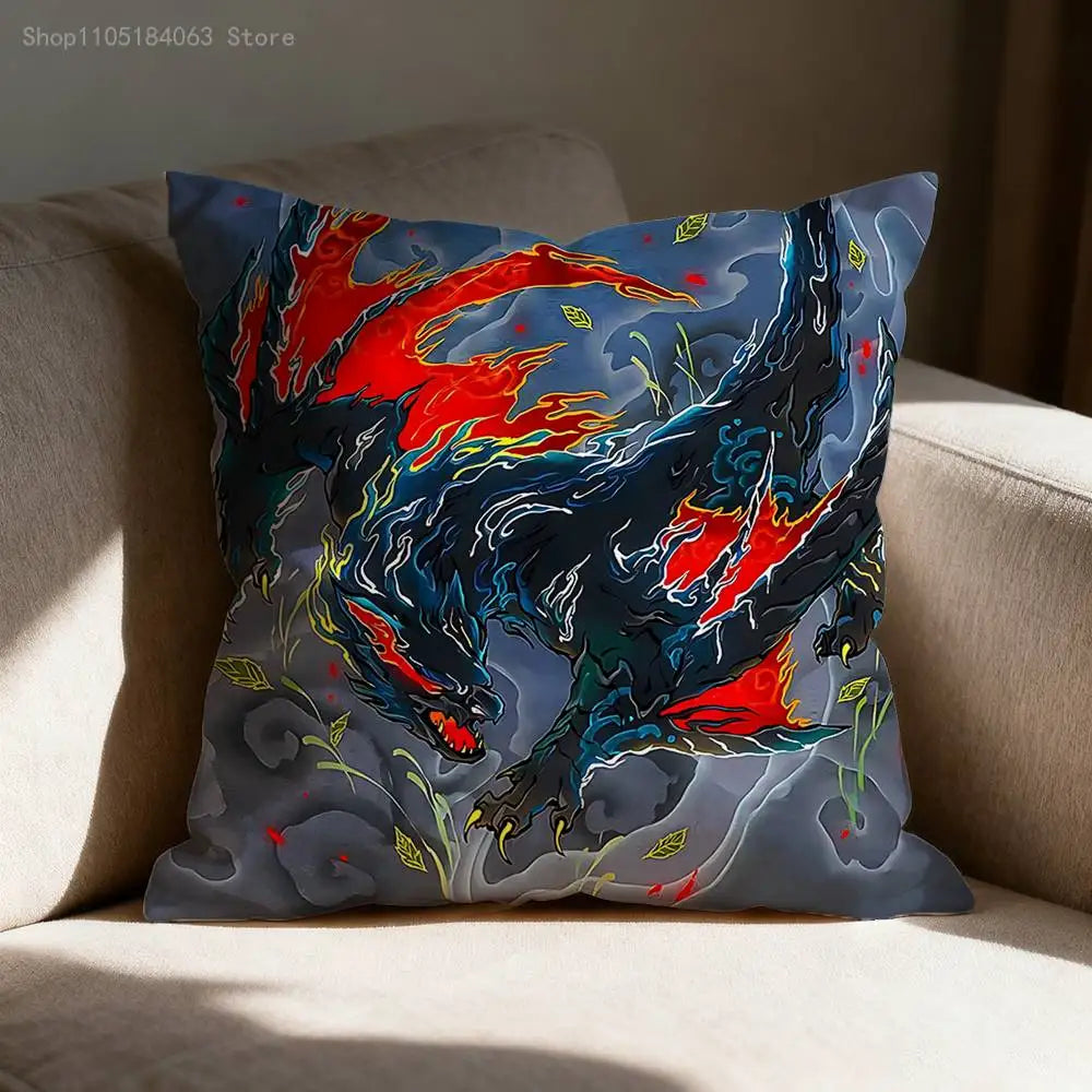 A decorative cushion cover featuring a vibrant illustration of the Monster Hunter Rathalos and Nargacuga in dark blue and red