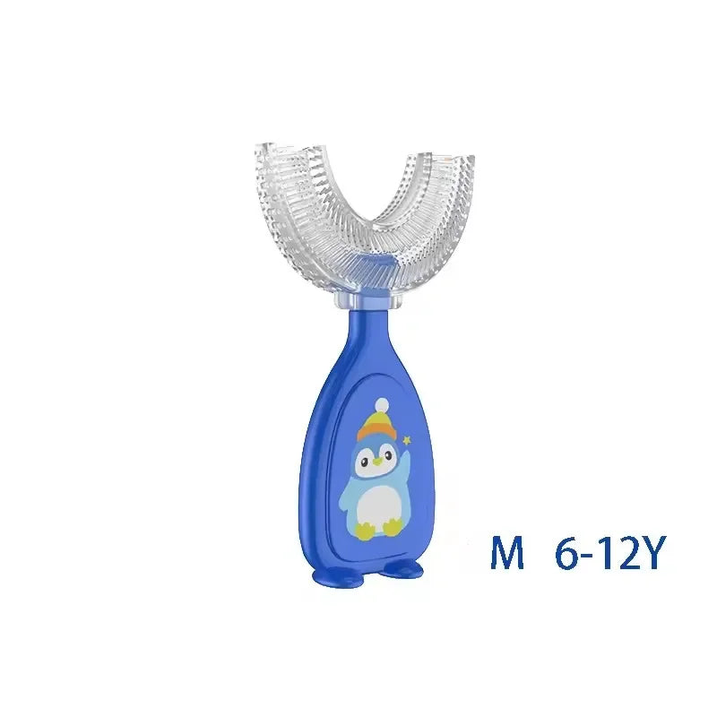 Blue U-shaped silicone toothbrush for kids with a clear head and a yellow owl design
