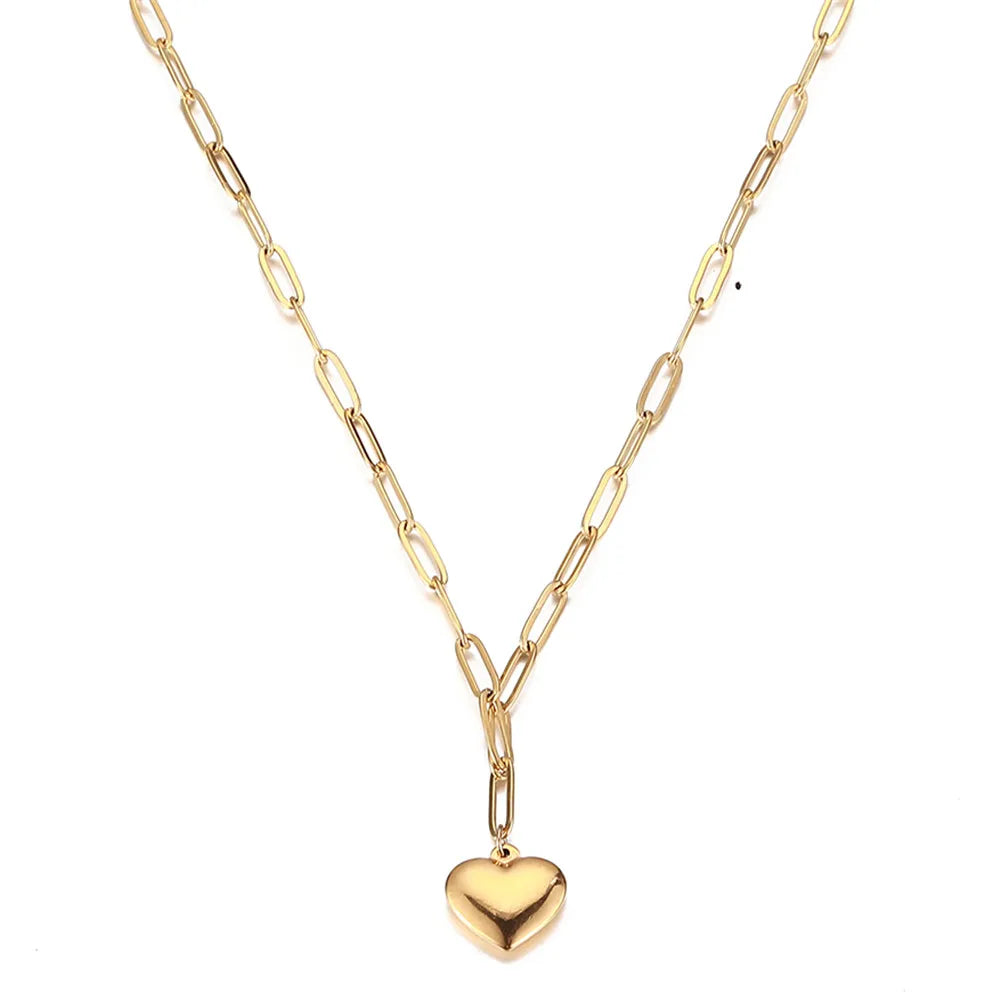 Gold stainless steel paperclip chain necklace with a heart pendant