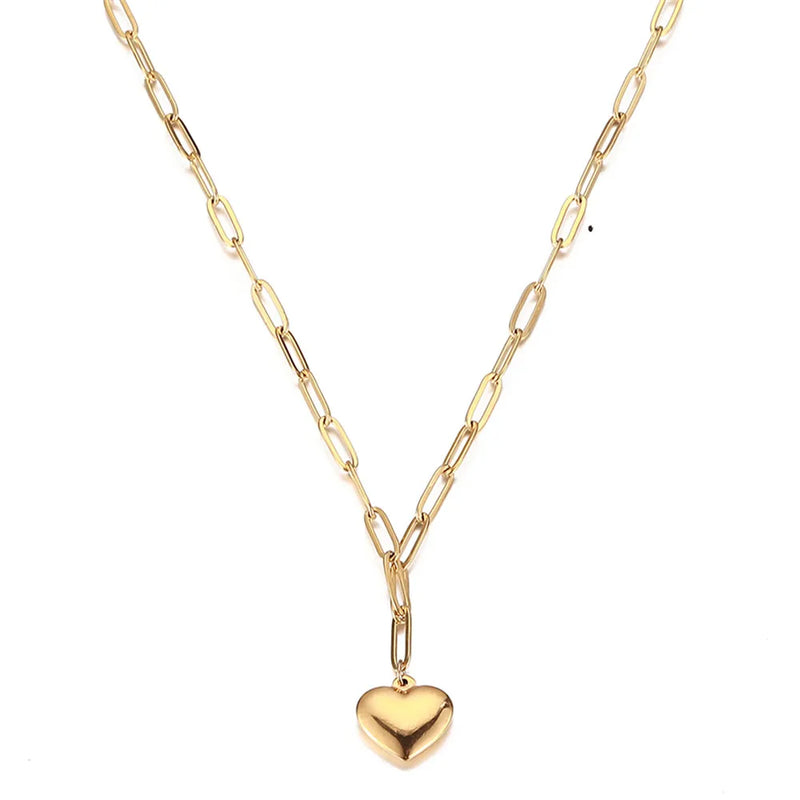 Stainless Steel Paperclip Chain Heart Pendant Necklace