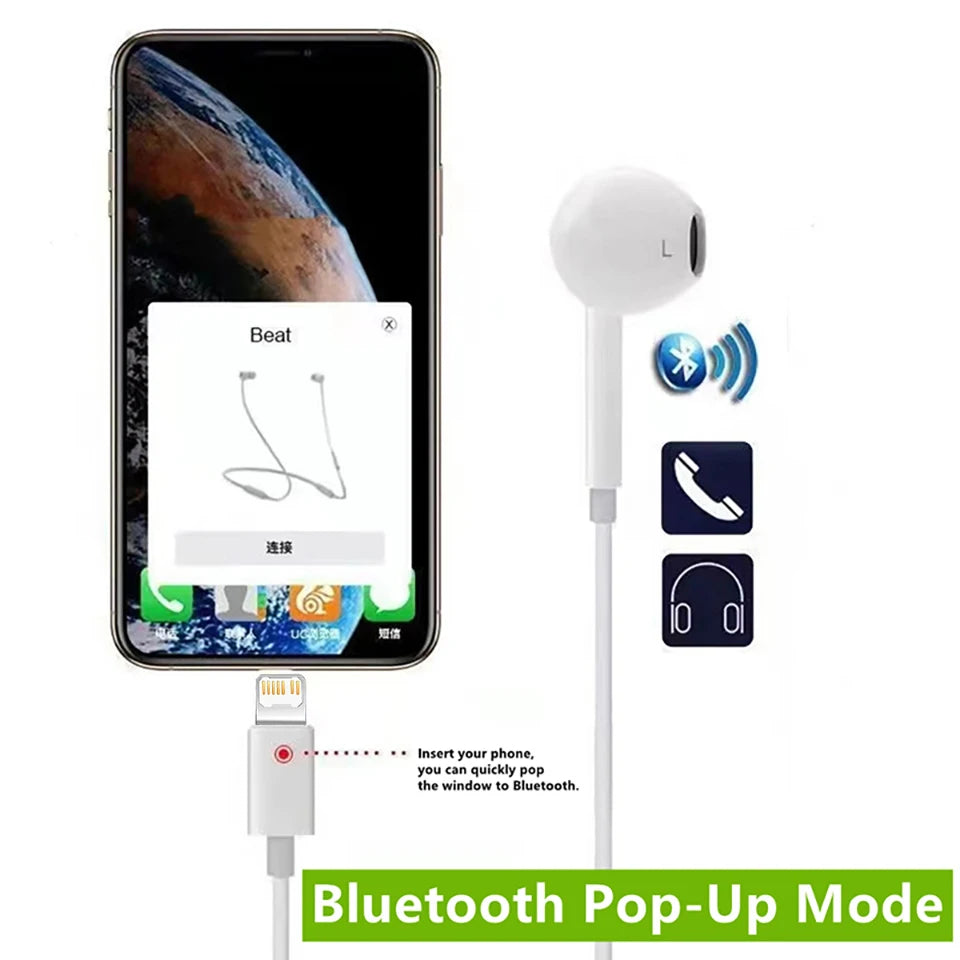 White wired Bluetooth earphones with a pop-up mode feature shown next to an iPhone screen.