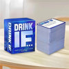 A blue box of Drink IF adult drinking game cards next to a stack of similar cards on a light wooden surface.