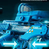 A close-up of a blue Z-Lock water gun toy with a muzzle flame effect, ready to fire.