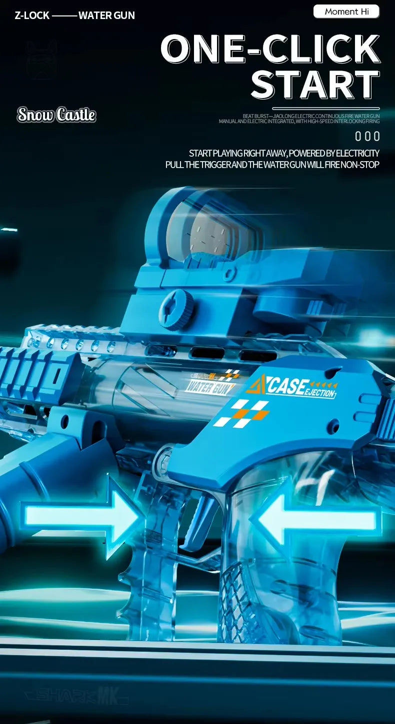 A close-up of a blue Z-Lock water gun toy with a muzzle flame effect, ready to fire.