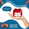 A hand holds a red crochet game controller decoration with positive game controller text and dimensions listed.
