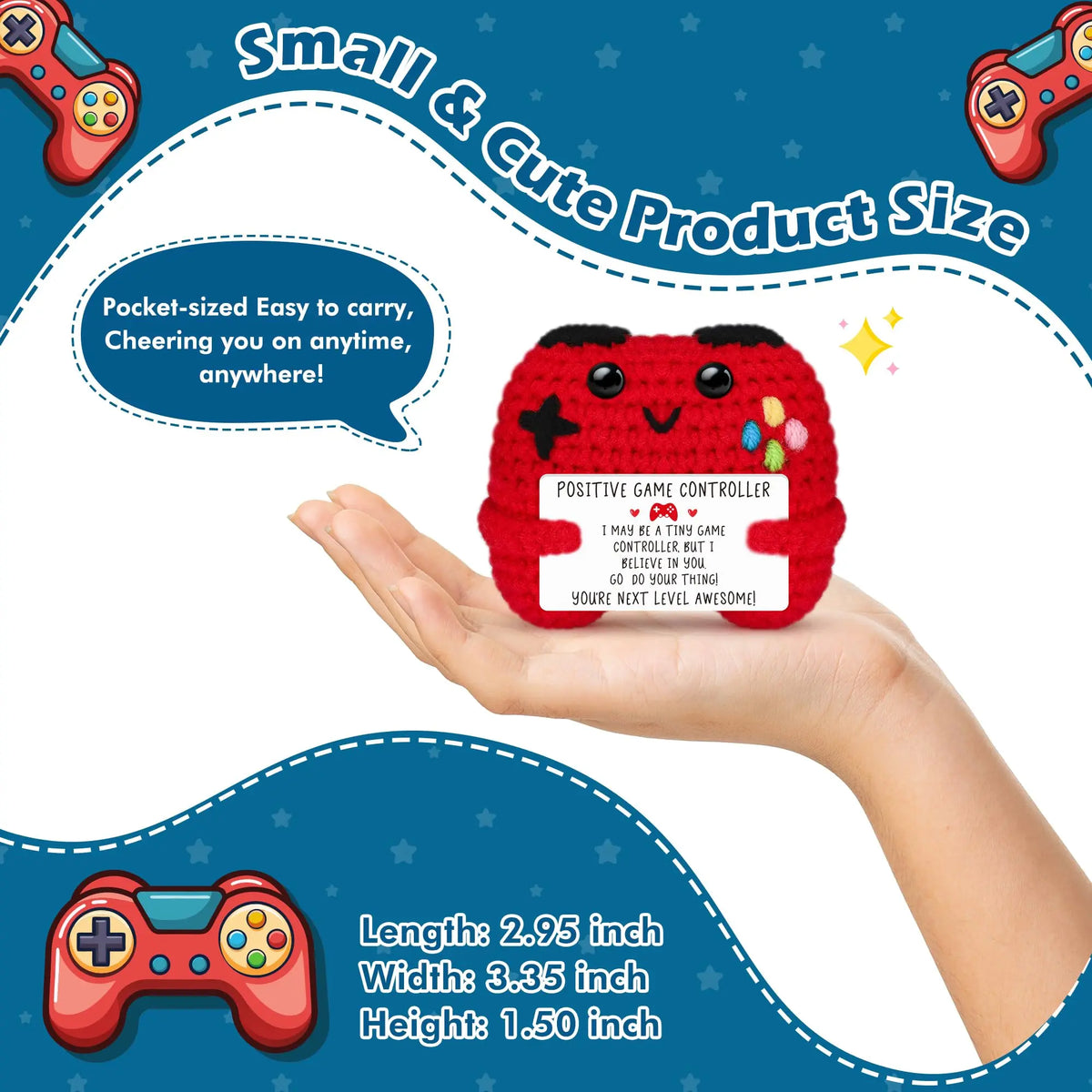 A hand holds a red crochet game controller decoration with positive game controller text and dimensions listed.