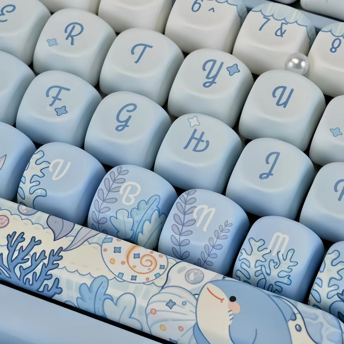 Ocean blue MOA Profile PBT keycaps for mechanical keyboards showing a close-up view