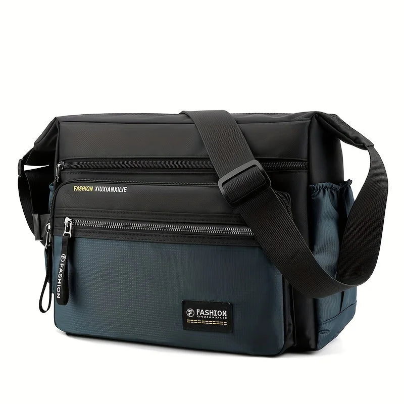 Black and navy blue men's water-resistant nylon crossbody sling bag with adjustable strap
