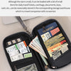 A hand holds an open black RFID-blocking passport holder filled with various travel documents and cash.