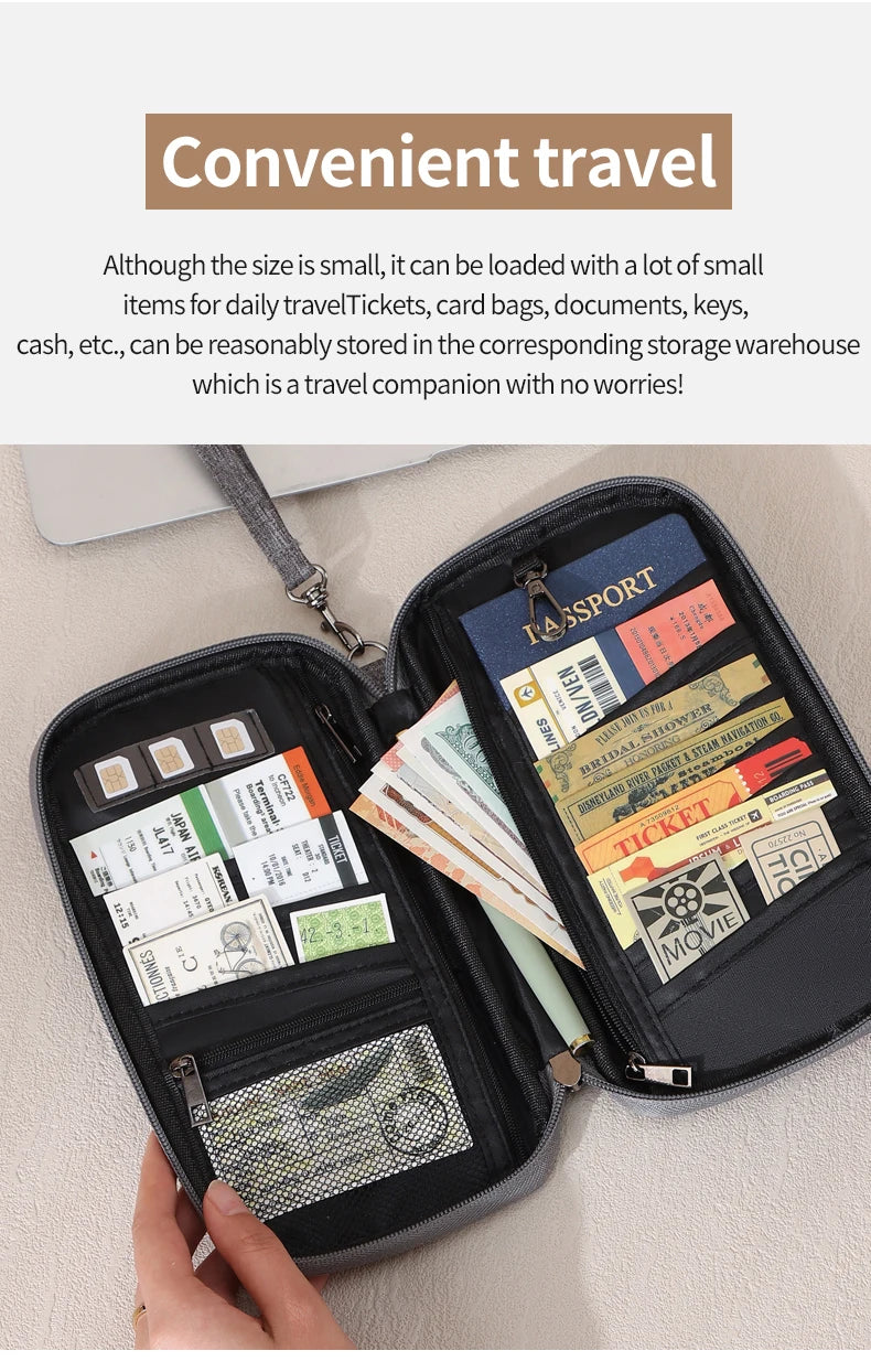 A hand holds an open black RFID-blocking passport holder filled with various travel documents and cash.