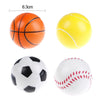 A set of three foam stress balls, including an orange basketball, a yellow tennis ball, and a white soccer ball.