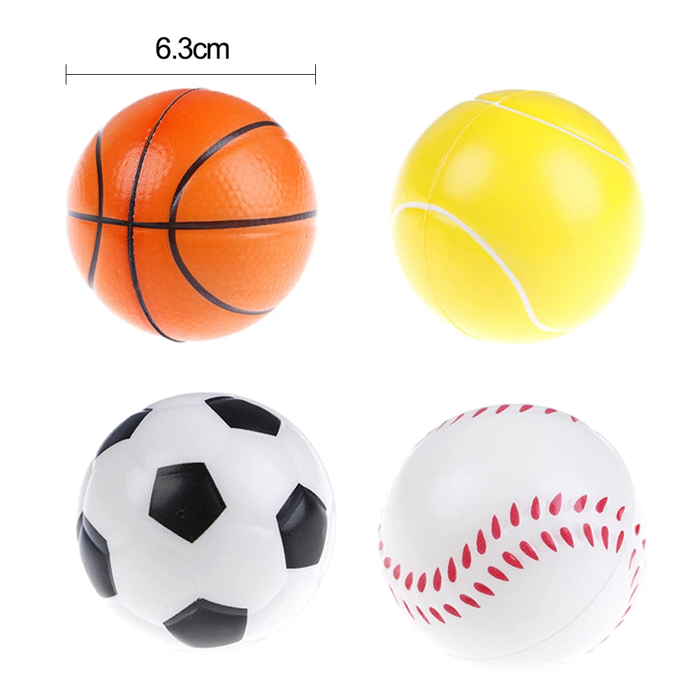 A set of three foam stress balls, including an orange basketball, a yellow tennis ball, and a white soccer ball.