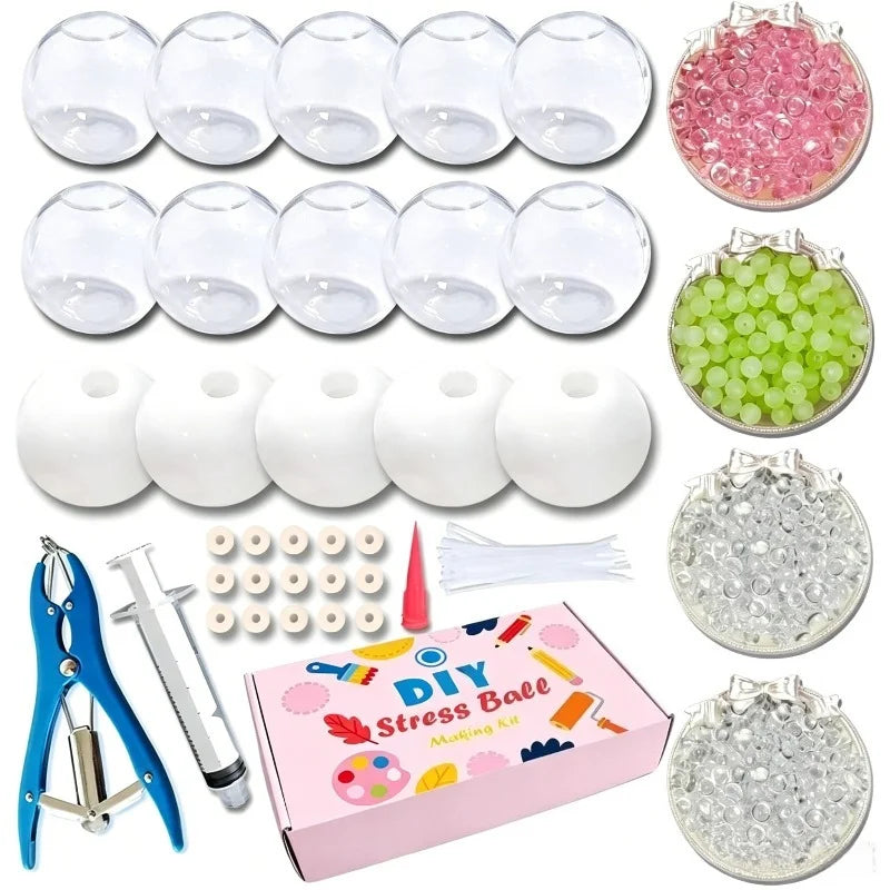 A kit for making DIY stress balls, including various silicone balls and tools.
