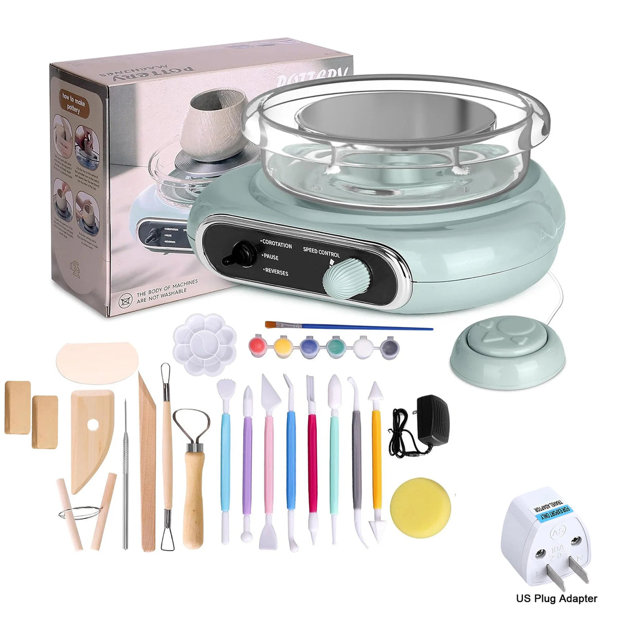 A box and set of tools for a mini pottery wheel kit including various sculpting and shaping tools.