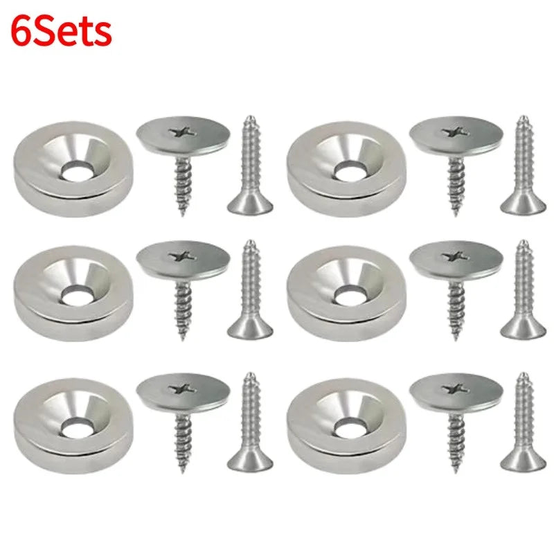 Six sets of hidden magnetic door catches for cabinets and wardrobes, shown in silver metal.
