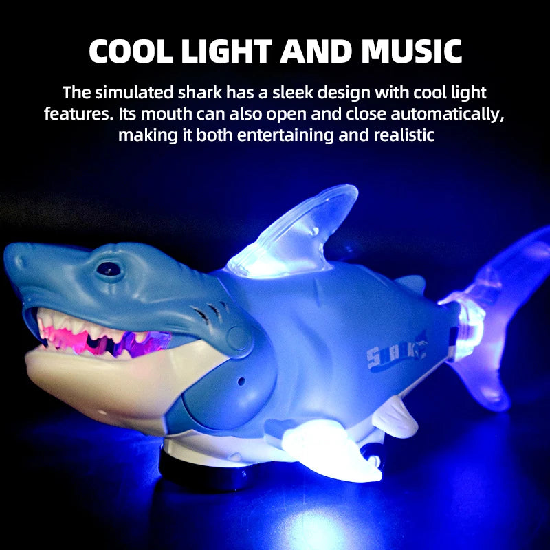 A blue shark toy with cool light features is shown against a dark background.
