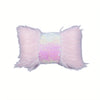 A pink faux fur cushion cover with a silver and gold sequin decorative band.