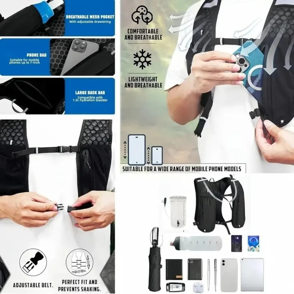A person wearing a black hydration vest for running or outdoor activities, shown in various views and features.