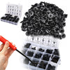 A collection of black universal car bumper and trim fastener clips and an installation tool are shown in a plastic container.
