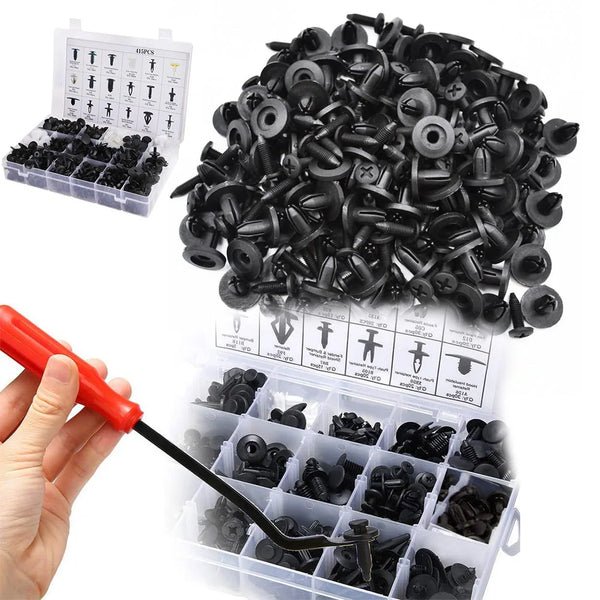 A collection of black universal car bumper and trim fastener clips and an installation tool are shown in a plastic container.