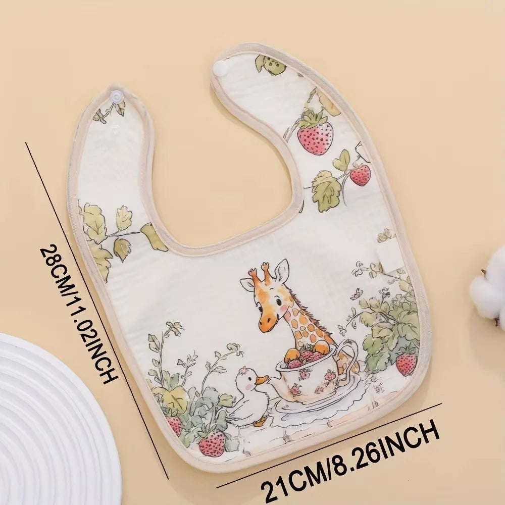 A white baby bib featuring a giraffe and strawberries printed on soft cotton fabric.