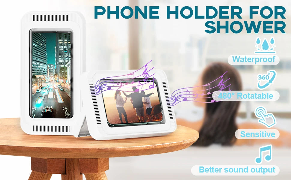 A white phone holder designed for shower use, featuring waterproof protection and 480° rotation.