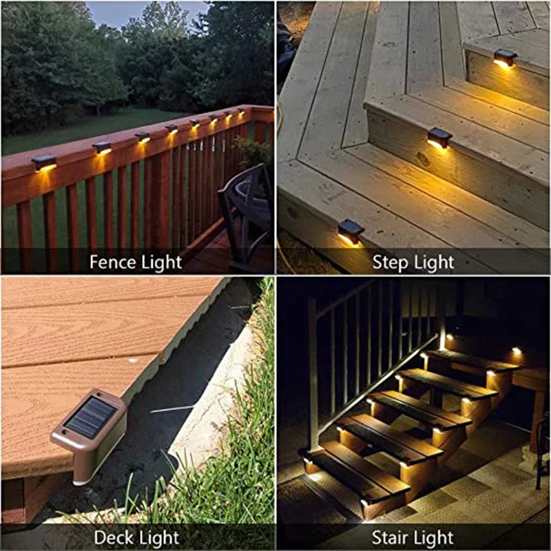 Four images showing various outdoor lighting options: Fence Light, Step Light, Deck Light, and Stair Light.