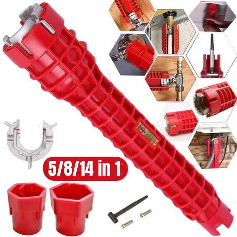 Red multifunctional faucet and sink wrench set with various tools and attachments