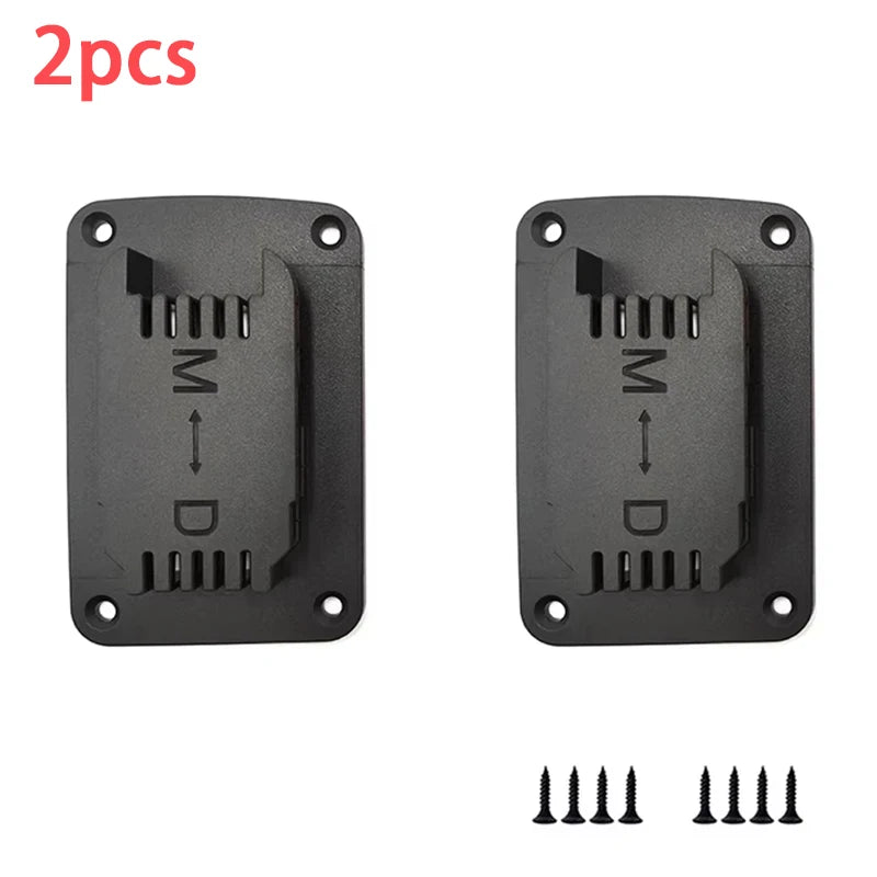 Two black wall-mounted battery tool holders with mounting plates and screws.