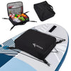 Black waterproof paddle board deck bag with cooler lining shown in various configurations.