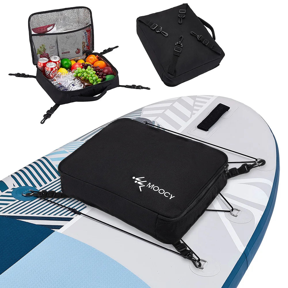 Black waterproof paddle board deck bag with cooler lining shown in various configurations.